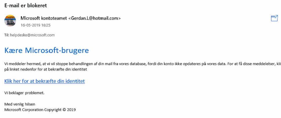 Phishing mail fra Microsoft